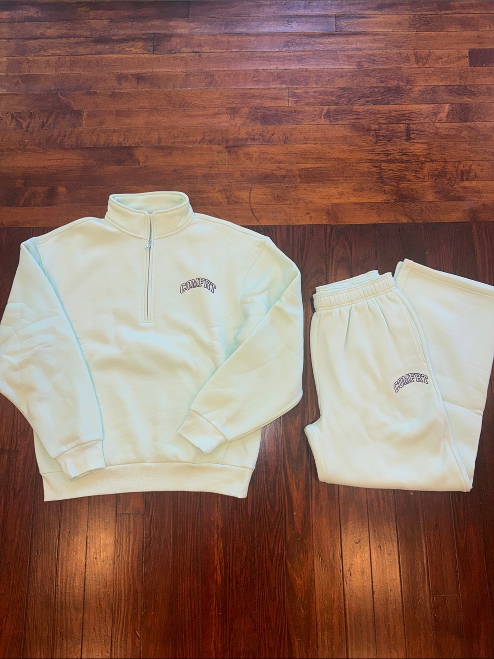 COMFRT varsity quarter zip and straight leg set in Aqua mist